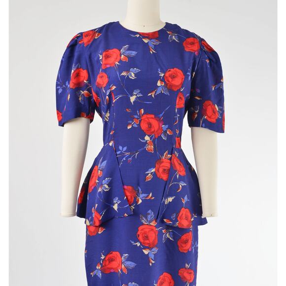 Vintage 80s does 40s Floral Peplum Waist Puff Sleeve Wiggle Pencil Midi Dress S - Picture 2 of 8